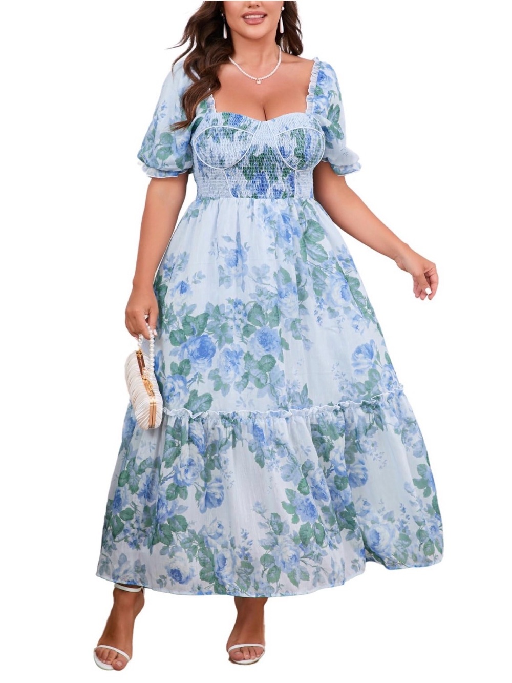 EYWOL 2XL Blue Floral Corset Maxi Dress Cottagecore Puff Sleeve